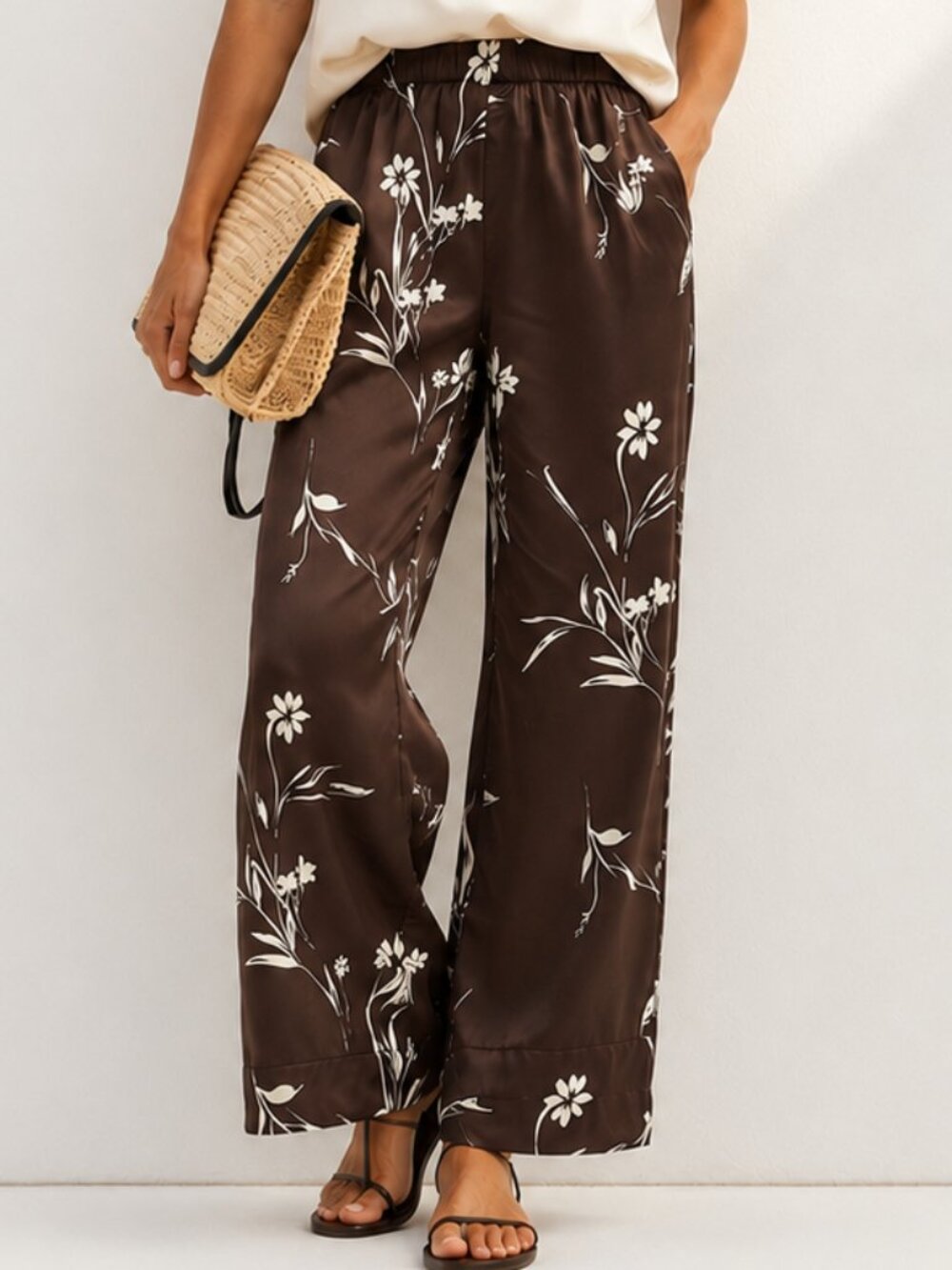 NWT a new day Chocolate Brown Wide-Leg Floral Pants with Cream Print XS